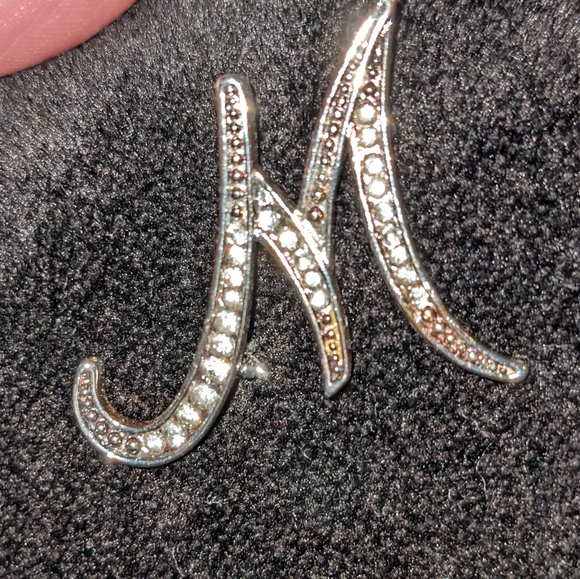 Liz Claiborne Silver Letter M Brooch with Rhinestones EUC Pin - Picture 6 of 7
